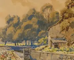 Sydney Carter, House and Boats along a Canal, watercolour on paper laid down on board