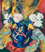 Audrey Fourie, Flowers in a Blue Vase, oil on canvas