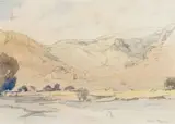 Walter Battiss, House and Trees in a Mountainous Landscape, watercolour on paper