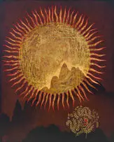 Raymond Andrews, Mountain and Sun, painted and incised wood panel
