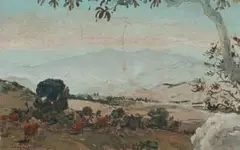 Erich Mayer, Landscape with Mountains and Cattle, watercolour and pastel on paper laid down on board