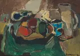Eben van der Merwe, Still Life with Jug and Fruit Bowl, oil on board