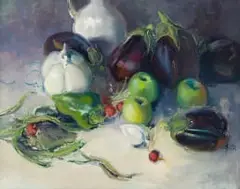 Ruth Squibb, Still Life with Vegetables, oil on board