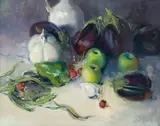 Ruth Squibb, Still Life with Vegetables, oil on board