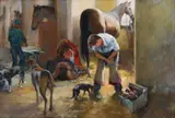 Shoeing the Horse by Mari Vermeulen-Breedt, oil on canvas, offered Apr 2025