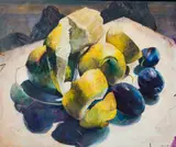 Louis van Heerden, Still Life with Peeled Lemons and Plums, oil on canvas