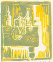 Peter Clarke, Empty Bottles, linocut on paper