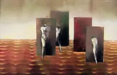 Karin Jaroszynska, Surreal Landscape with Nude Figures, mixed media on paper laid down on board