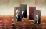 Karin Jaroszynska, Surreal Landscape with Nude Figures, mixed media on paper laid down on board