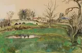 Maud Sumner, Green Field with Distant Buildings, mixed media with watercolour on paper