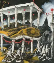 Fred Page, Surreal Landscape with Figures, gouache on paper