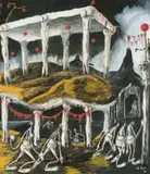 Fred Page, Surreal Landscape with Figures, gouache on paper