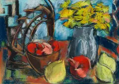 Marlene Von Dürckheim, Blomme, Vrugte en Gemsbok (Flowers, Fruits and Oryx), oil pastel on paper
