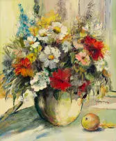 Jan Dingemans, Vase of Flowers and an Apple, oil on board