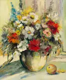 Jan Dingemans, Vase of Flowers and an Apple, oil on board