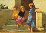 Three Children on the Front Steps by Adriaan Boshoff, oil on canvas laid down on board, sold Apr 2025
