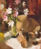 Louis van Heerden, Still Life with Cosmos and Mushrooms, oil on canvas