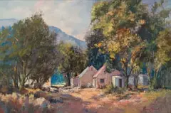 Anton Benzon, Cottages in a Landscape, oil on canvas laid down on board