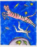 Beezy Bailey, Space Cat, hand-coloured drypoint etching on paper