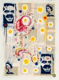 Fringe, Antediluvian, stencil, spraypaint, oil, ink and found paper on paper