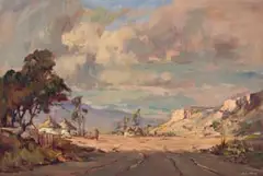 Johannes Oldert, Figure Walking along a Dirt Road, oil on canvas laid down on board