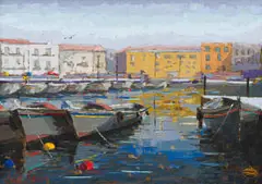 De Wet Matthee, Greece, Boat Scene, oil on board