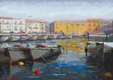 De Wet Matthee, Greece, Boat Scene, oil on board