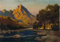 William George Bevington, Landscape with River and Mountain, oil on canvas laid down on board