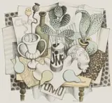 Bronwen (Jinny) Heath, Still Life with Poppy Heads and Jive Can, four colour lithograph on paper
