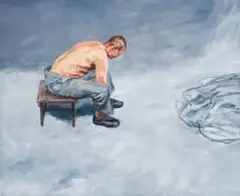 Bending Figure on Stool by Johann Louw, 2002, oil on plywood, sold Apr 2025