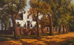 Tinus de Jongh, Cape Dutch Home Amongst Nectar Trees, oil on canvas