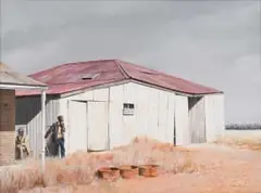 Keith Alexander, Two Figures and a Barn, Groot Marico, oil on canvas laid down on board