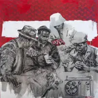 Bambo Sibiya, Four Figures Gathered around a Radio, mixed media on canvas