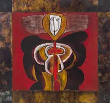 Ancestral Father by Cecil Skotnes, painted, carved and incised wood panel on a bronze plate, sold Apr 2025
