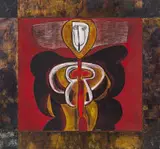 Cecil Skotnes, Ancestral Father, painted, carved and incised wood panel on a bronze plate