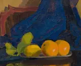 Maggie Laubser, Still Life with Lemons and Two Oranges on a Dish with Tray and Drapery (recto); Garden Landscape (verso), oil on cardboard