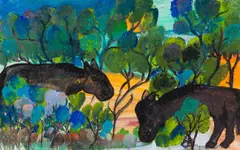 Gladys Mgudlandlu, Mules Grazing, gouache on paper laid down on board