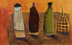 Colbert Mashile, Three Figures Wrapped in Blankets, mixed media on paper
