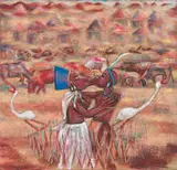 Lindokuhle Zwane, African Couple Amongst Herd of Cattle, mixed media on canvas laid down on chipboard panel