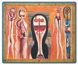 Cecil Skotnes, The Delegates, painted, carved and incised wood panel in the artist's hand-made frame