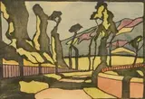 Ruth Everard Haden, Landscape, 1925, hand-coloured linocut on paper