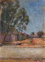 Harry Stratford Caldecott, Village Street with Gum Tree, oil on canvas laid down on board