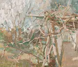 Francois Roux, Old Vines on a Pergola with Tree in Bloom, oil on canvas
