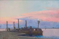 Francois Roux, Ferry at Sunset, oil on canvas
