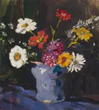 Flowers in a Blue Vase by Nita Spilhaus, oil on board, offered Feb 2025
