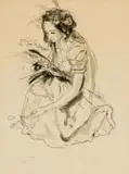 Maud Sumner, Kneeling Woman with Flowers, ink on paper