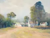 Ruth Squibb, Landscape with Houses, oil on board