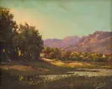 Tinus de Jongh, Landscape with Cottage and Distant Mountains, oil on canvas
