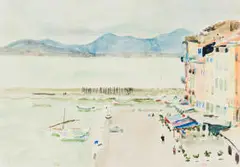 Wharf Scene by Robert Broadley, watercolour on paper, offered Feb 2025