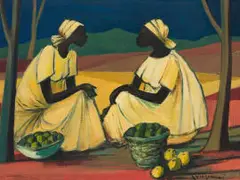 Jan Dingemans, Two Women with Baskets of Fruit, oil on board